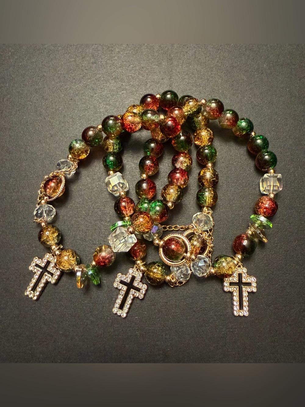 Multicolor Glass Bead Bracelet Set with Crystal Cross Charms